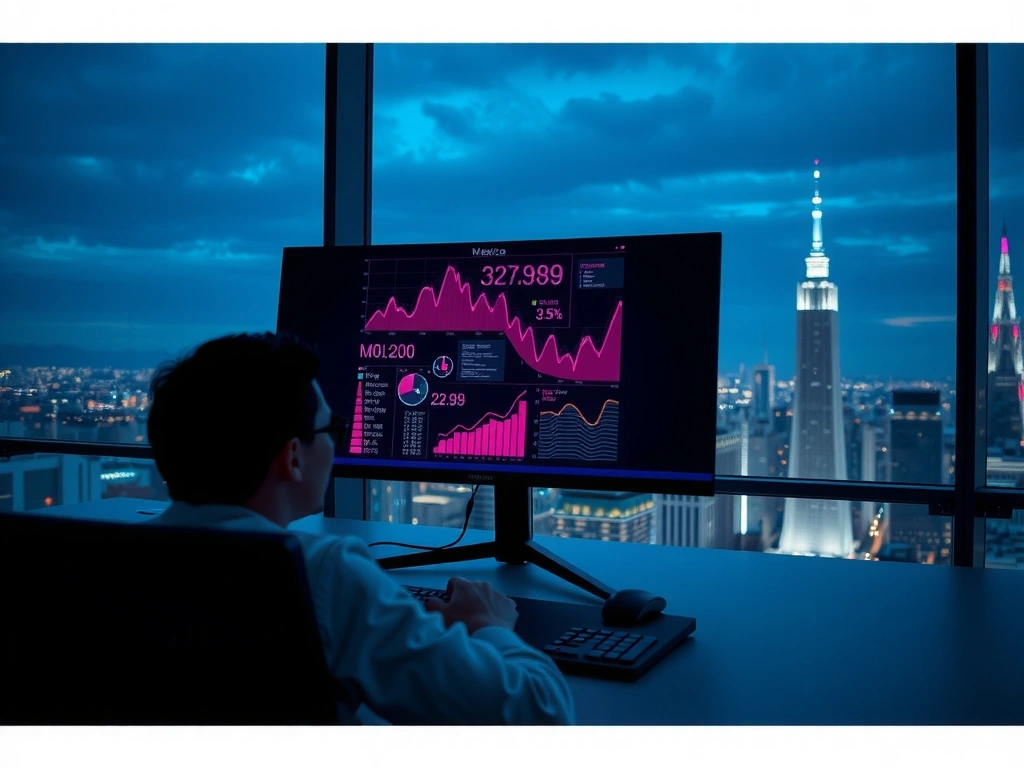 Monitor con visualización de datos complejos y ciudad al fondo